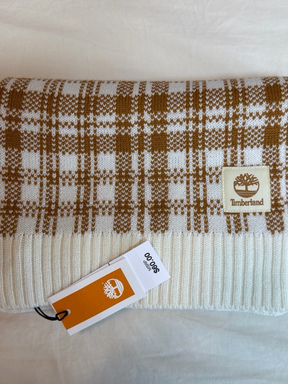Timberland Cream/White and Brown Plaid Knit Scarf